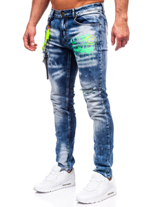 Pantaloni in jeans slim fit con bretelle da uomo blu Bolf E7853