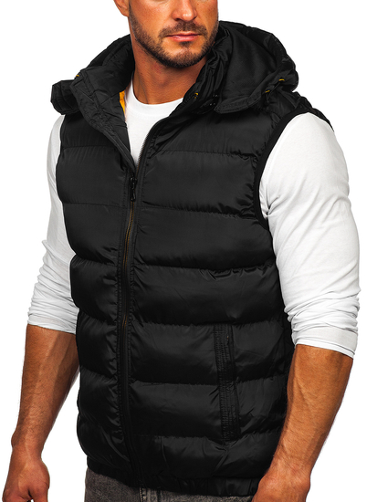 Gilet trapuntato spesso con cappuccio da uomo nero Bolf 7129