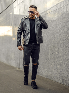 Giacca in pelle tipo chiodo da uomo nera Bolf 11Z8014