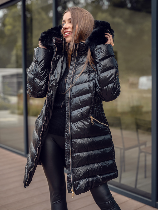 Giubbotto trapuntato lungo cappotto con cappuccio invernale da donna nero Bolf 5M3162