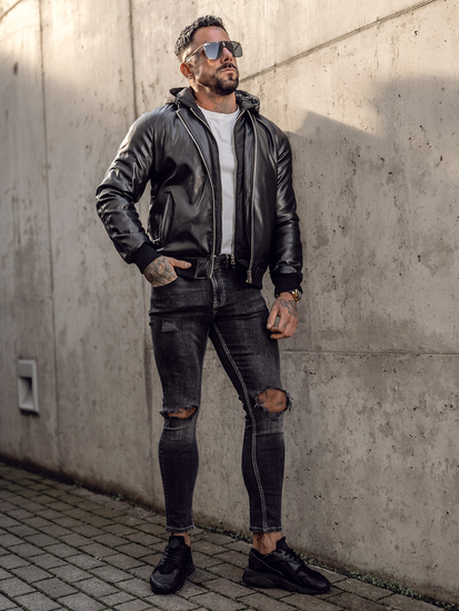 Giacca in pelle tipo bomber da uomo nera Bolf 11Z8004