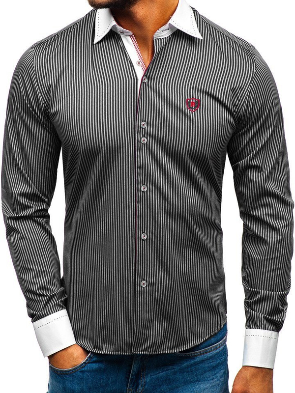 Camicia elegante a righe a manica lunga da uomo nera Bolf 4784-A
