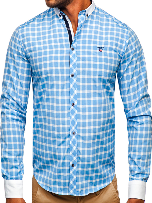 Camicia elegante a quadri a maniche lunghe da uomo celeste Bolf 5737-1