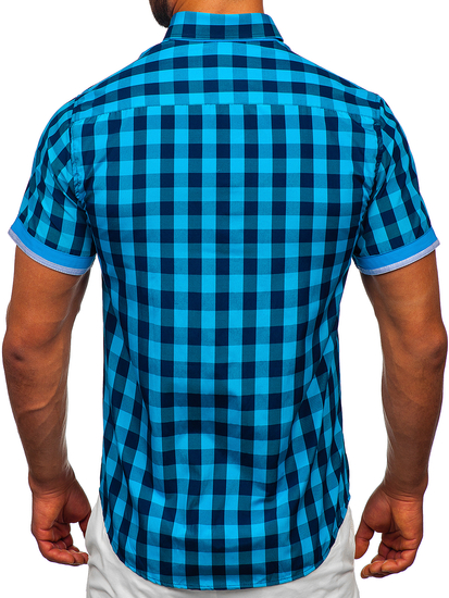 Camicia a scacchi a manica corta da uomo nero-azzurra Bolf 4508