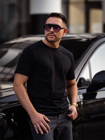 T-shirt da uomo in cotone nero senza stampa Bolf 14291