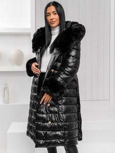 Cappotto lungo invernale trapuntato da donna con cappuccio nero Bolf 5M3160A
