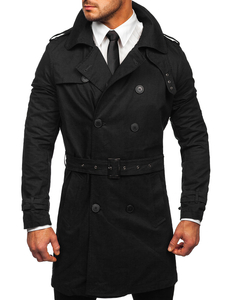 Cappotto tipo trench doppiopetto con collo alto e cintura da uomo nero Bolf 5569
