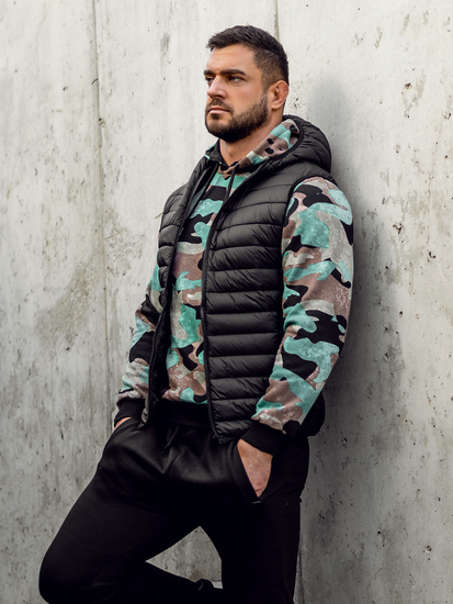 Gilet trapuntato con cappuccio da uomo nero Bolf 13072A