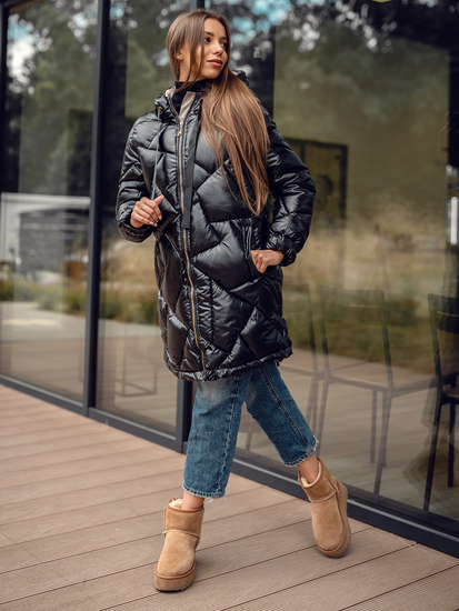 Giubbotto trapuntato lungo cappotto con cappuccio invernale da donna nero Bolf 5M3189