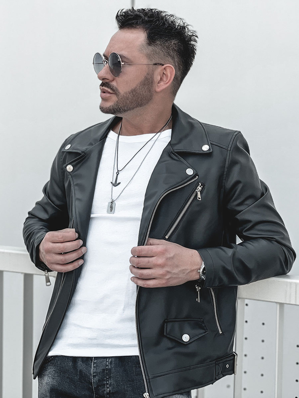 Giacca tipo chiodo in pelle da uomo nera Bolf 0006-A