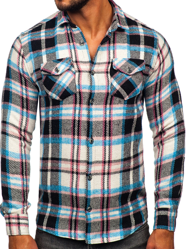 Camicia in flanella a quadri a manica lunga da uomo azzuro-rosa Bolf 22704