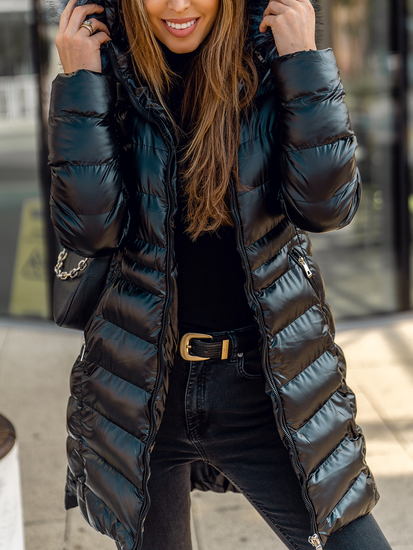 Giubbotto lungo invernale trapuntato con cappuccio da donna nero Bolf 7076