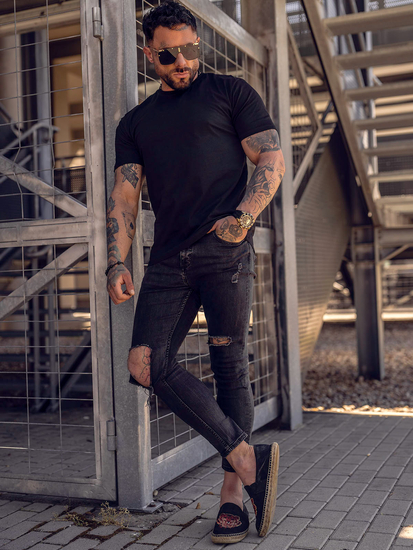 T-shirt da uomo in cotone nero senza stampa Bolf 192397B