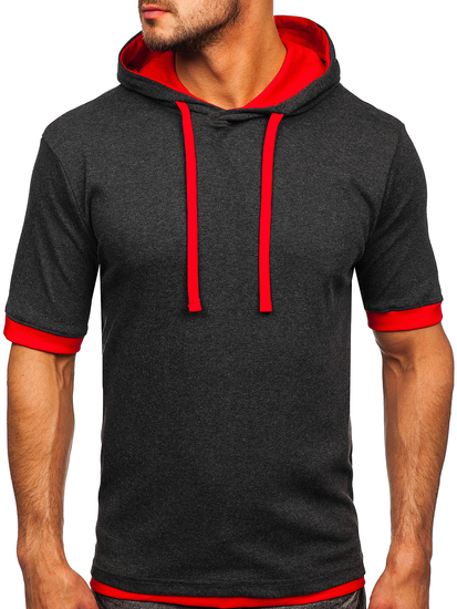 T-shirt senza stampa con cappuccio da uomo antracite-rossa Bolf 08-1