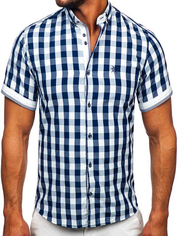 Camicia  a scacchi a manica corta da uomo blu Bolf 4508