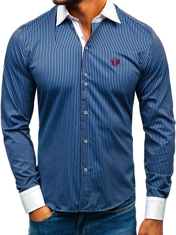 Camicia elegante a righe a manica lunga da uomo blu Bolf 4784-A
