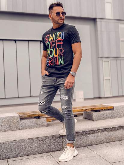 T-shirt da uomo nera con stampa Bolf 1181A