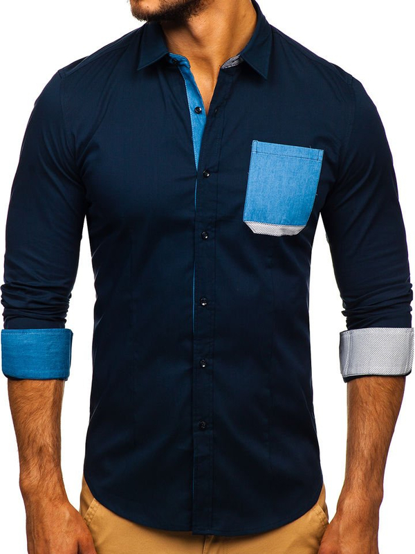 Camicia elegante a manica lunga da uomo blu Bolf 7192