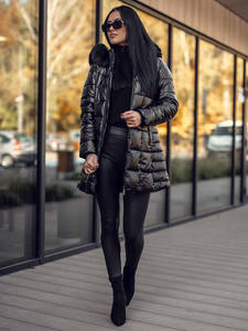 Giubbotto trapuntato lungo cappotto con cappuccio invernale da donna nero Bolf 16M9120A