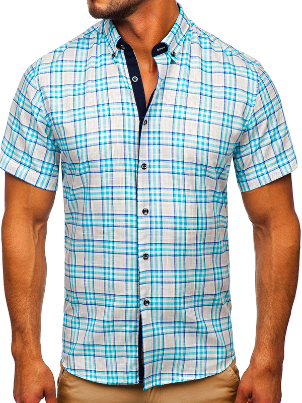 Camicia a manica corta a quadri da uomo celeste Bolf 201501