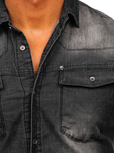 Camicia in jeans a manica lunga da uomo nera Bolf MC703N