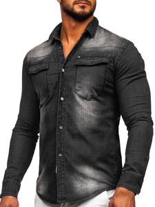 Camicia in jeans a manica lunga da uomo nera Bolf MC703N
