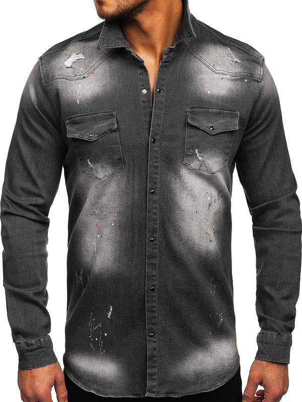 Camicia in denim a manica lunga da uomo grafite Bolf R710