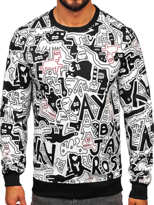 Felpa con stampa senza cappuccio da uomo nero-bianca Bolf 8B1133