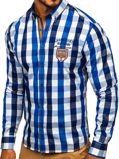 Camicia a quadri a manica lunga da uomo azzurra Bolf 1766-1