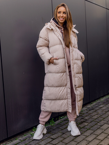 Giacca lunga trapuntata invernale con cappuccio da donna beige Bolf R6702A