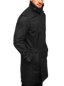 Cappotto tipo trench doppiopetto con collo alto e cintura da uomo nero Bolf 5569