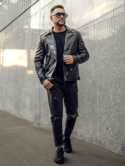 Giacca in pelle tipo chiodo da uomo nera Bolf 11Z8014