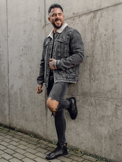 Giacca di jeans trucker isolata con collo di montone da uomo nera Bolf 1160