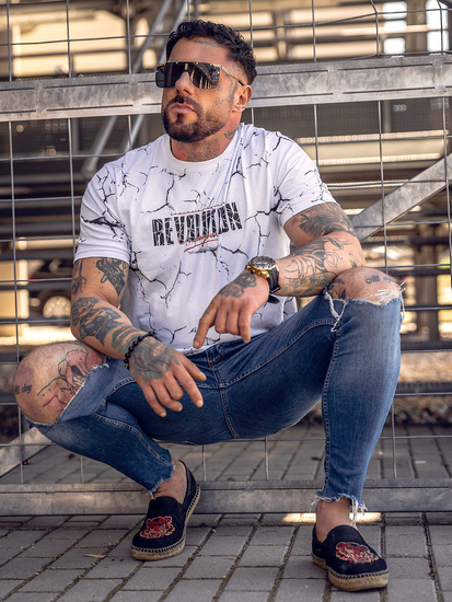 T-shirt da uomo in cotone bianco con stampa Bolf 14717A