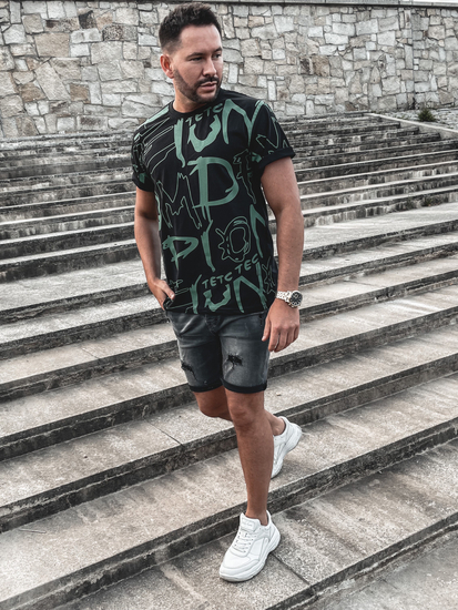 T-shirt nera stampata da uomo in cotone Bolf KS1972