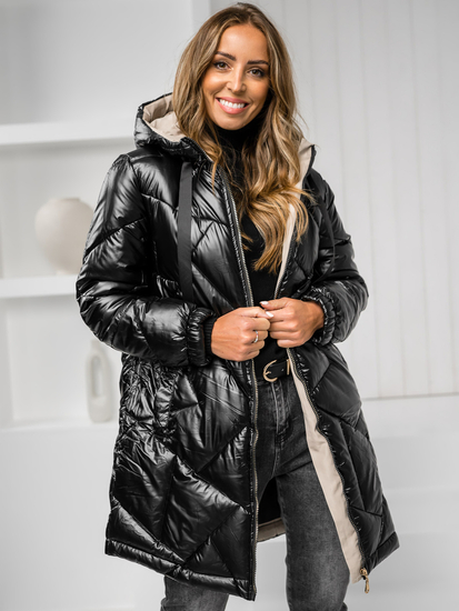 Cappotto lungo invernale trapuntato da donna con cappuccio nero Bolf 5M3189A