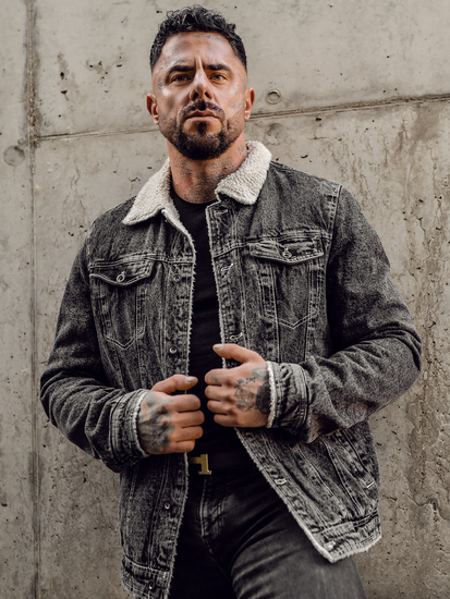 Giacca di jeans trucker isolata con collo di montone da uomo nera Bolf 1160