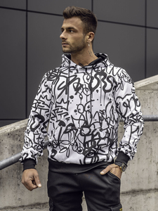 Felpa stampata con tasca a canguro con cappuccio da uomo nero-bianca Bolf 8B1151