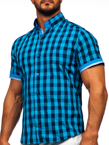 Camicia a scacchi a manica corta da uomo nero-azzurra Bolf 4508