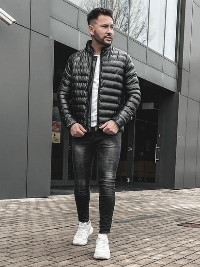 Giubbotto invernale in pelle trapuntato da uomo nero Bolf 0021