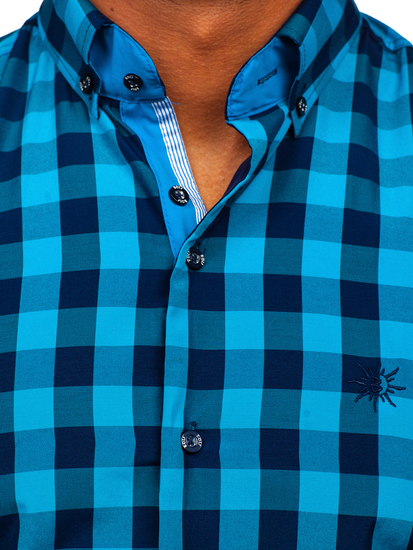 Camicia a scacchi a manica corta da uomo nero-azzurra Bolf 4508