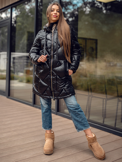 Giubbotto trapuntato lungo cappotto con cappuccio invernale da donna nero Bolf 5M3189