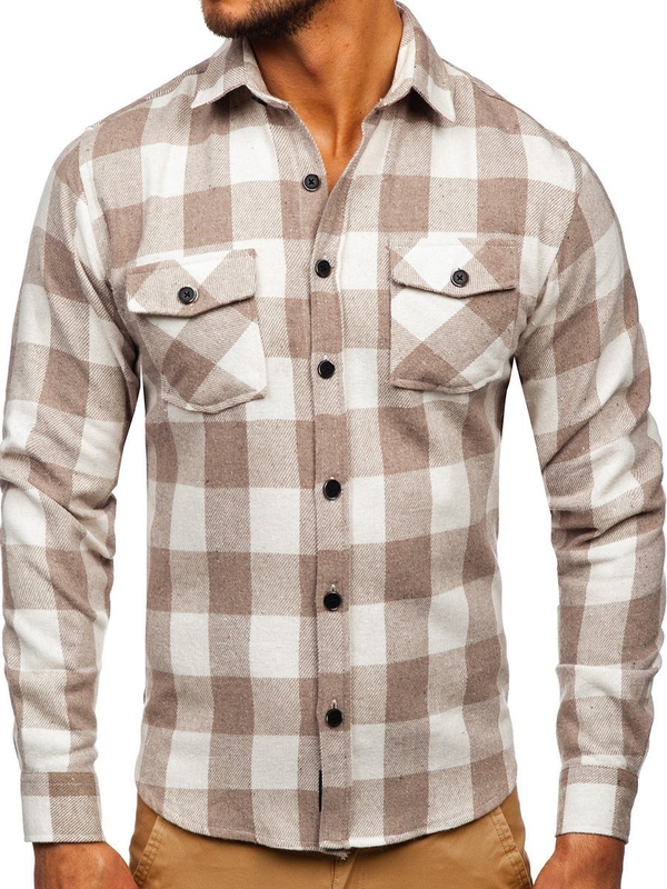 Camicia di flanella a manica lunga da uomo beige Bolf 20723