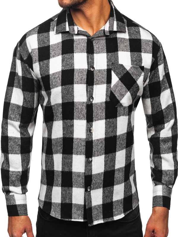 Uomo Camicia in flanella a maniche lunghe a quadri Bianco-Nero Bolf 2025-1