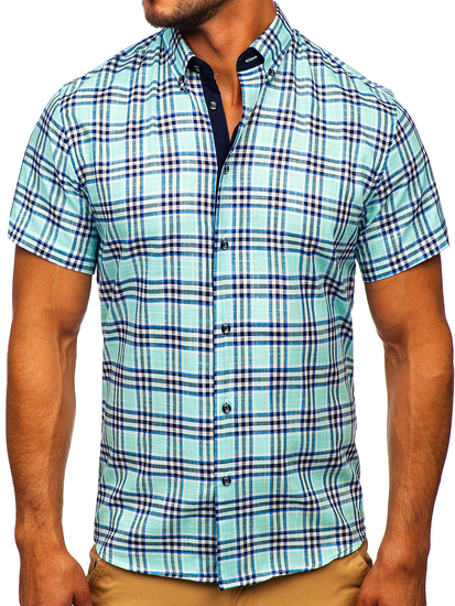 Camicia a manica corta a quadri da uomo verde menta Bolf 201501