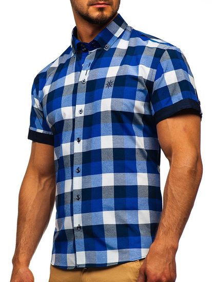 Camicia a quadri a manicha corta da uomo blu Bolf 5532