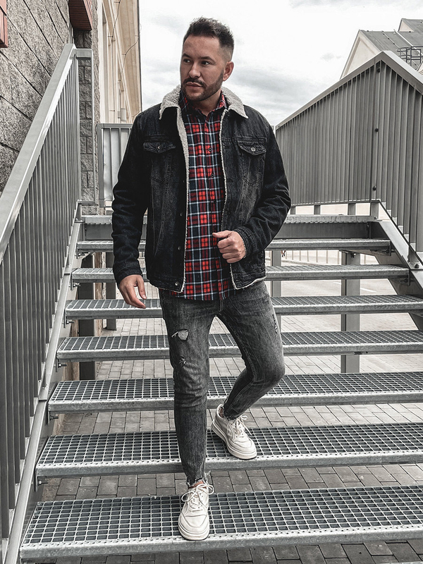 Giacca trucker in denim isolata con collo in montone da uomo nera Bolf 1158A