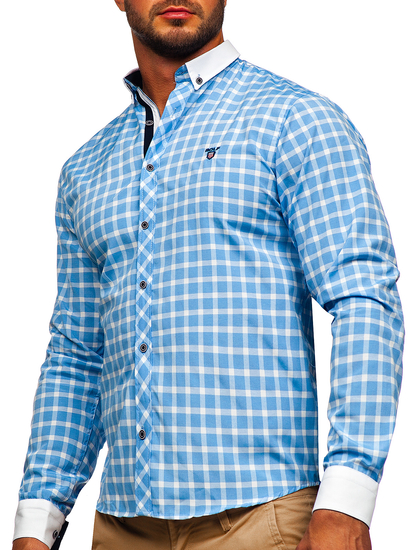 Camicia elegante a quadri a maniche lunghe da uomo celeste Bolf 5737-1