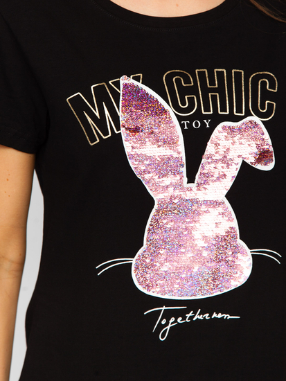 T-shirt stampata con paillettes da donna nera Bolf DT059