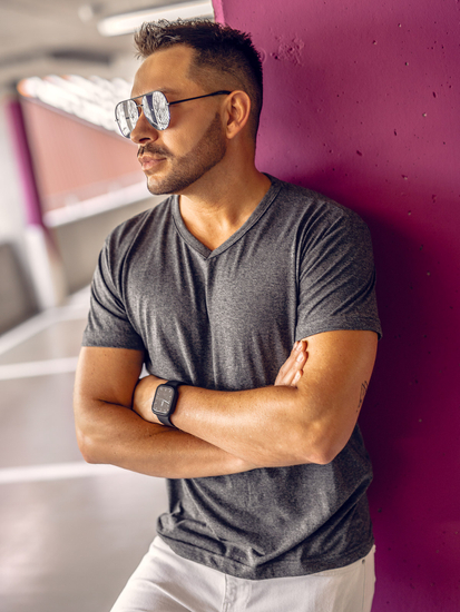 Maglietta a maniche lunghe con scollo a V, da uomo, color antracite, Bolf 192131A